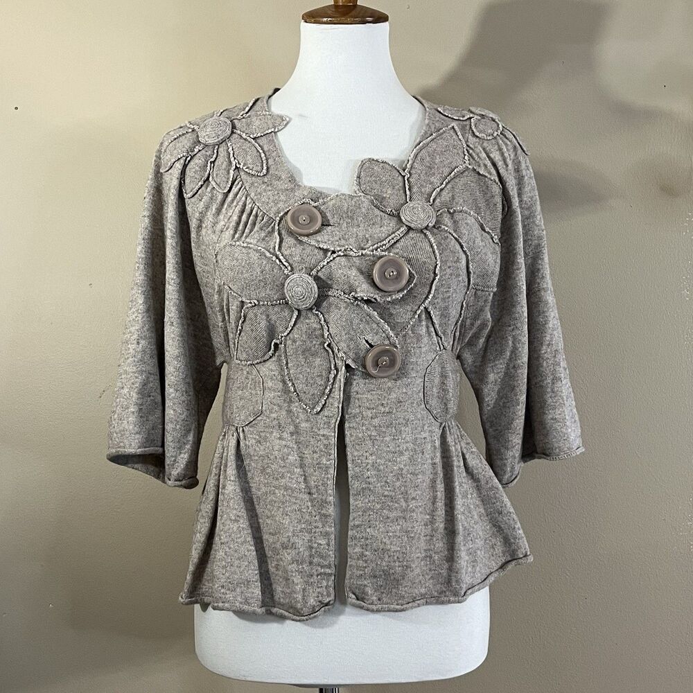 Knitted & Knotted Women Cardigan Sweater Wool Angora Blend Gray Floral Size M